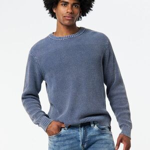 Buffalo David Button Size Large Mens Blue Washy Textured Knit Crewneck Sweater